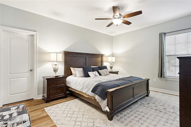 bedroom with ceiling fan and light hardwood / wood-style floors