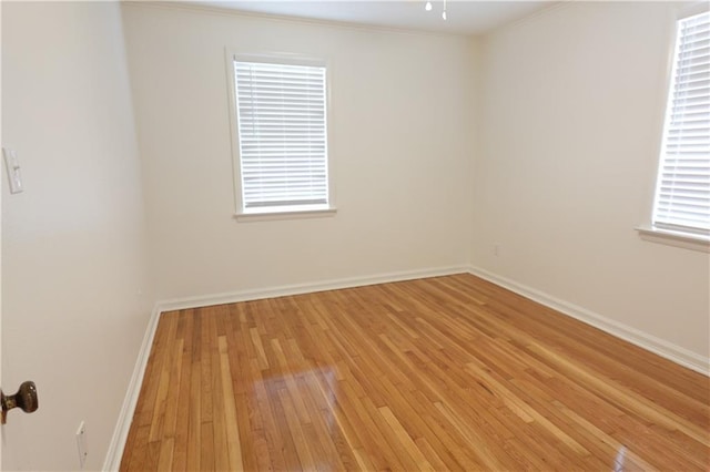 empty room with a wealth of natural light, light hardwood / wood-style flooring, and ornamental molding