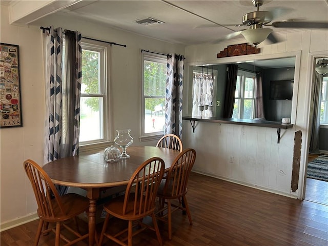 dining room with ceiling fan, dark wood-type flooring, and wood walls