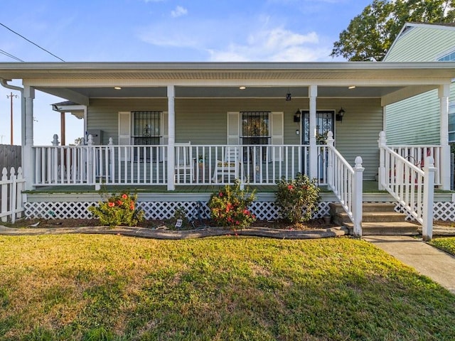 view of front of home with covered porch and a front lawn