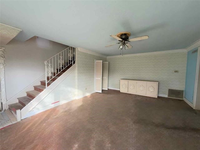 235 S Acadian Thruway, Baton Rouge, LA 70806 - unfurnished living room with a ceiling fan, stairs, crown molding, and concrete flooring