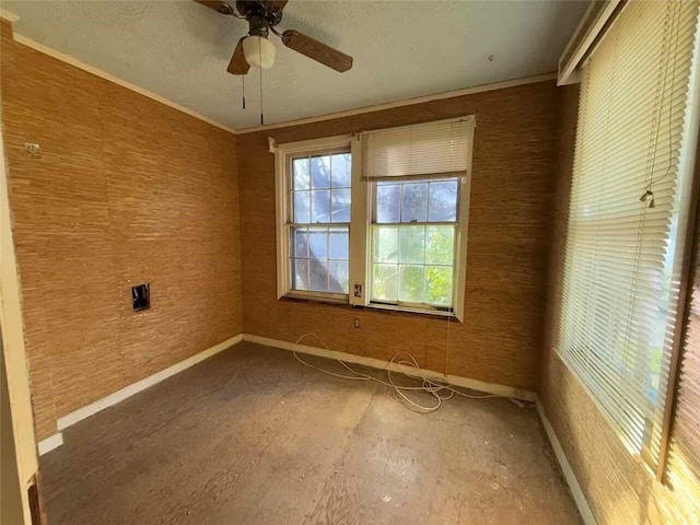 empty room featuring ceiling fan and ornamental molding