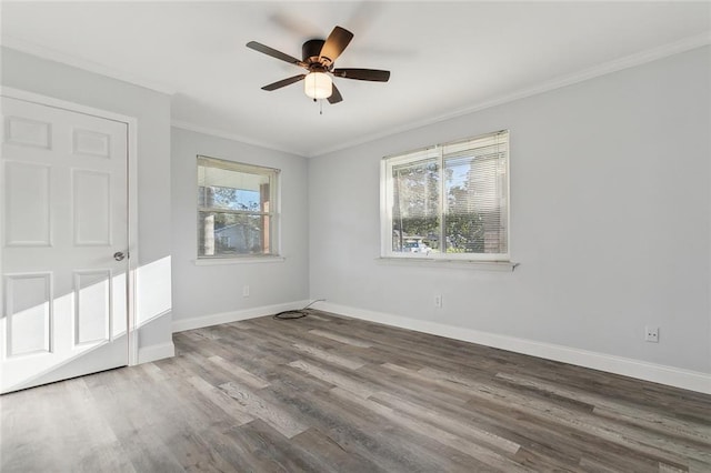 unfurnished bedroom with hardwood / wood-style floors, ceiling fan, and crown molding