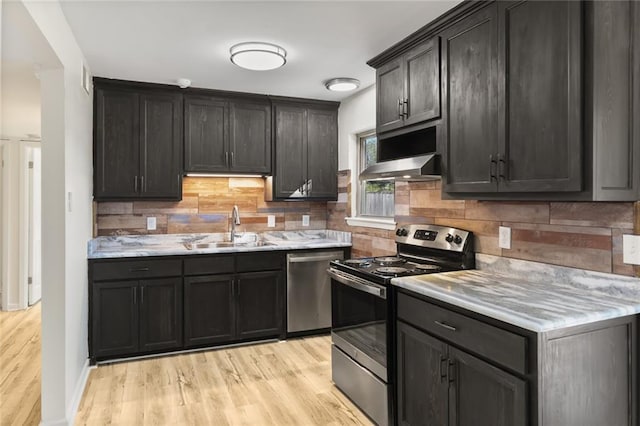 kitchen with tasteful backsplash, sink, appliances with stainless steel finishes, and light hardwood / wood-style flooring