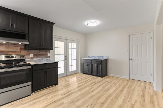 kitchen with french doors, light hardwood / wood-style flooring, extractor fan, decorative backsplash, and stainless steel range with electric cooktop