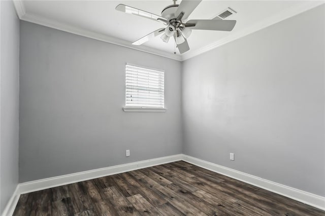 unfurnished room featuring dark hardwood / wood-style floors, ceiling fan, and ornamental molding