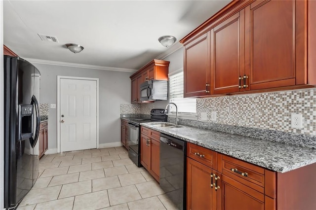 kitchen featuring black appliances, sink, ornamental molding, light tile patterned floors, and light stone counters