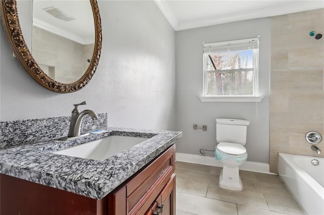 full bathroom featuring ornamental molding, vanity, shower / tub combination, tile patterned flooring, and toilet