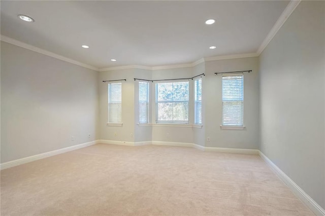 empty room with crown molding and light colored carpet