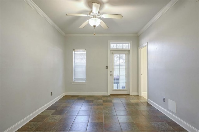 doorway to outside with ceiling fan and crown molding