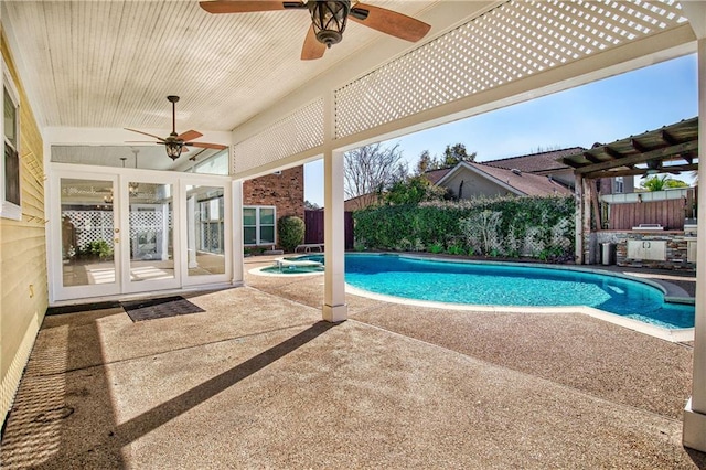 view of pool featuring french doors, a patio area, a pergola, an in ground hot tub, and ceiling fan