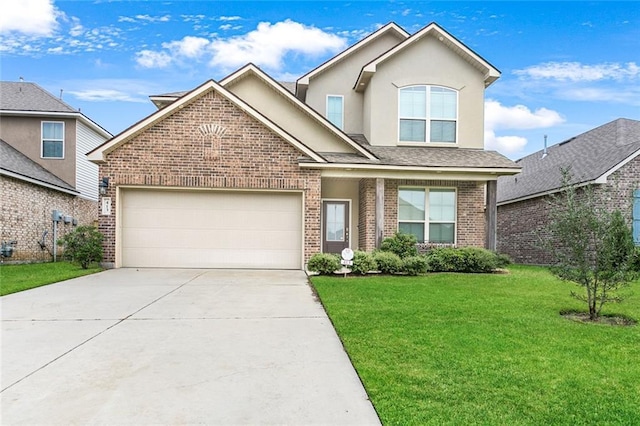 view of front of house featuring a front lawn and a garage