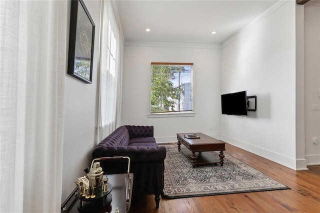 living room with wood-type flooring and ornamental molding