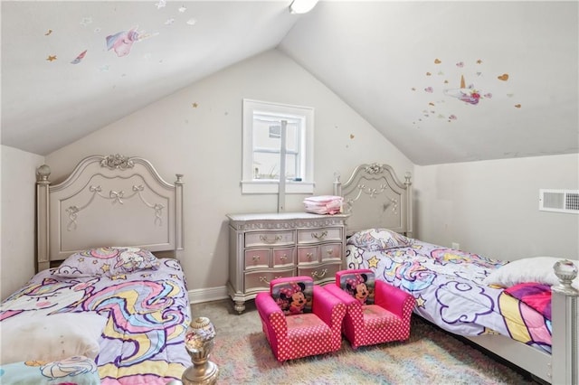 carpeted bedroom with lofted ceiling