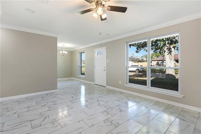 empty room featuring ornamental molding, ceiling fan with notable chandelier, and a healthy amount of sunlight