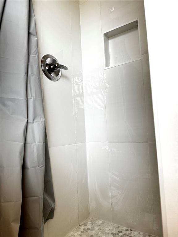 bathroom with a shower with shower curtain