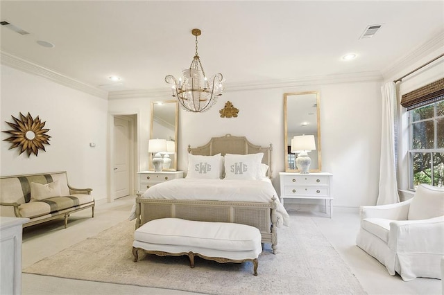 bedroom featuring light carpet, a chandelier, and ornamental molding