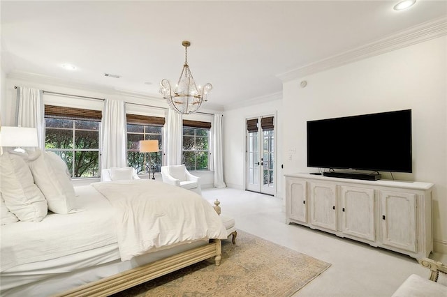 bedroom with french doors, a chandelier, access to outside, light carpet, and ornamental molding