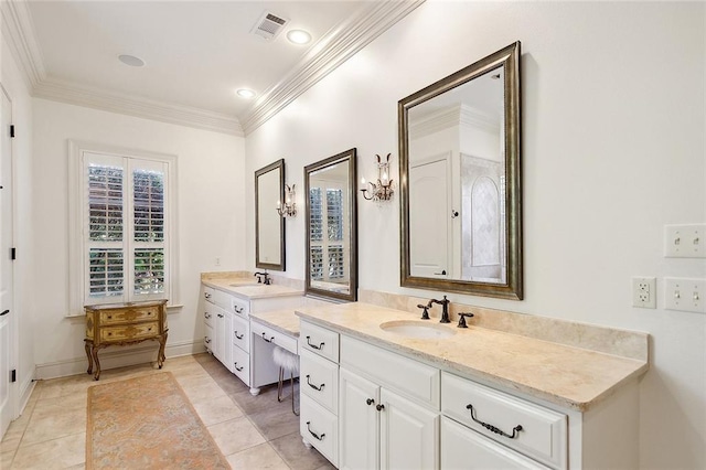 bathroom with tile patterned flooring, vanity, and ornamental molding