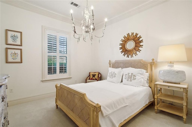 bedroom featuring light carpet, an inviting chandelier, and ornamental molding