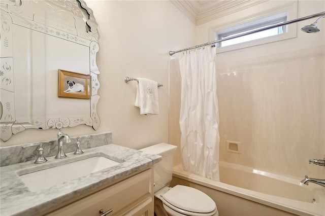 full bathroom with vanity, toilet, shower / bath combo with shower curtain, and crown molding