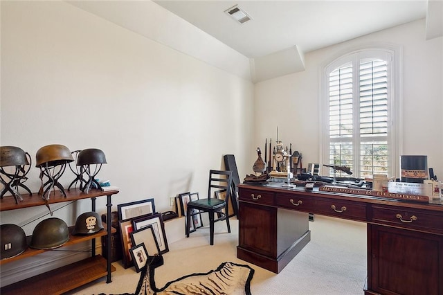 home office featuring light colored carpet