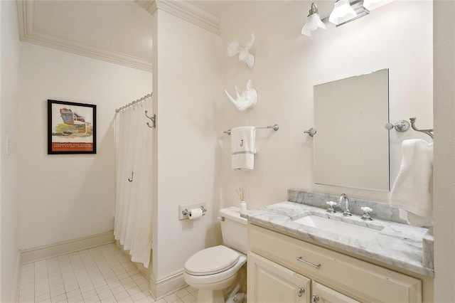 bathroom featuring vanity, toilet, ornamental molding, and walk in shower