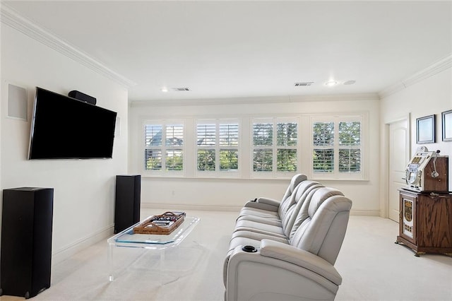 living room with light carpet and ornamental molding