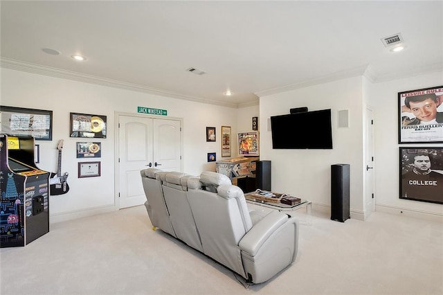 living room featuring light carpet and ornamental molding