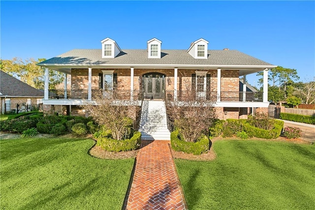 view of front of property featuring french doors, a front lawn, and a porch