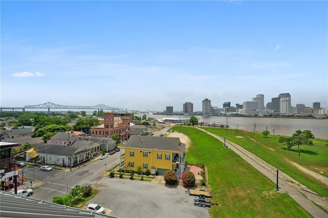 drone / aerial view featuring a water view