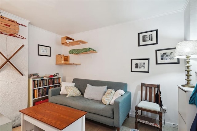 tiled living room with crown molding