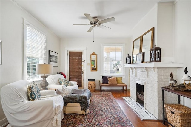 living area featuring ornamental molding, dark wood-style flooring, plenty of natural light, and a fireplace