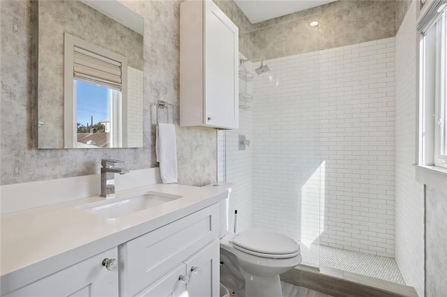 bathroom with a tile shower, vanity, and toilet