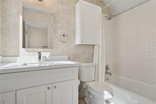 full bathroom with vanity, toilet, shower / bathtub combination with curtain, and lofted ceiling