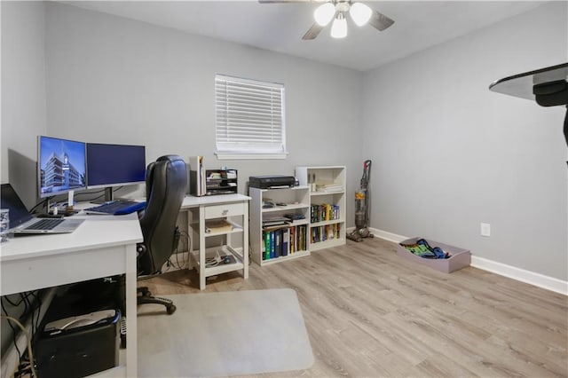 office space featuring ceiling fan and light hardwood / wood-style floors