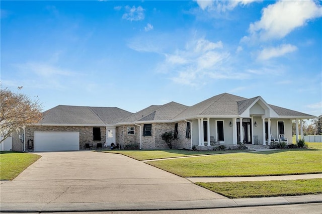 view of front facade with covered porch, a garage, and a front lawn