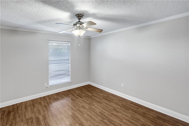 empty room featuring a textured ceiling, hardwood / wood-style flooring, and crown molding