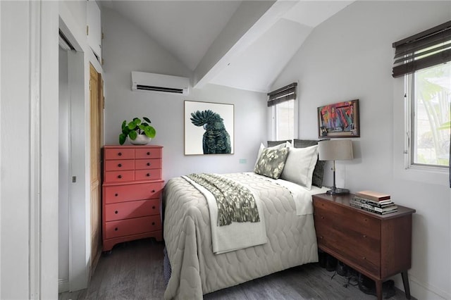 bedroom featuring vaulted ceiling, multiple windows, and a wall mounted air conditioner