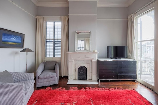 unfurnished living room with crown molding and dark wood-type flooring