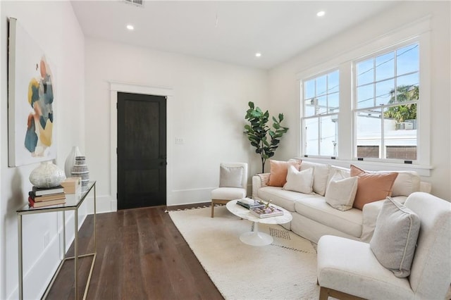 living room with dark hardwood / wood-style flooring