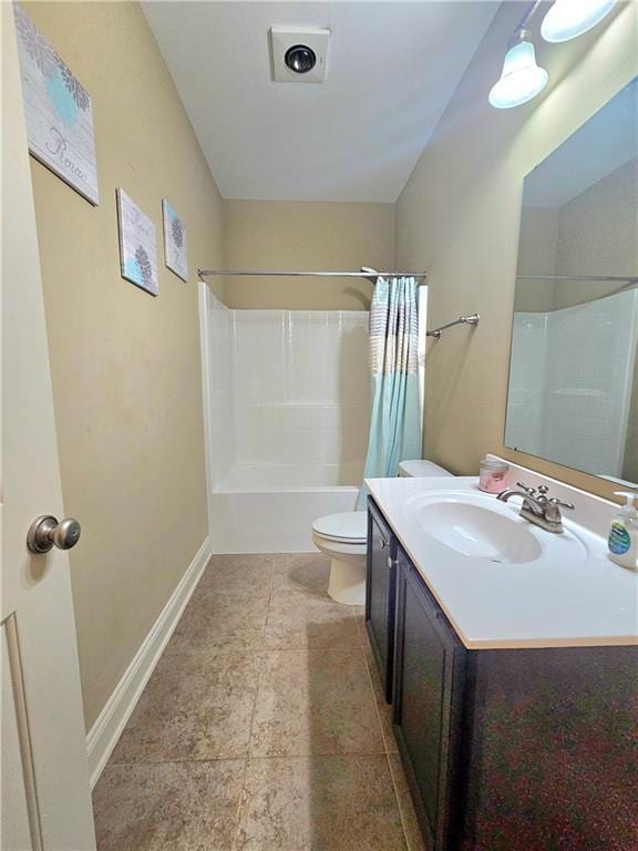 full bathroom with shower / bath combo with shower curtain, toilet, and vanity