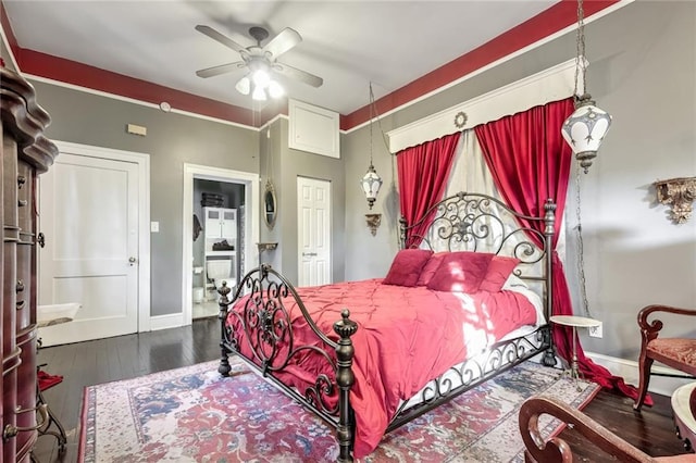 bedroom with hardwood / wood-style floors and ceiling fan