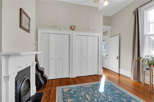 interior space with ceiling fan, wood-type flooring, a wood stove, and multiple closets