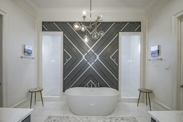 bathroom with vanity, a chandelier, and plus walk in shower