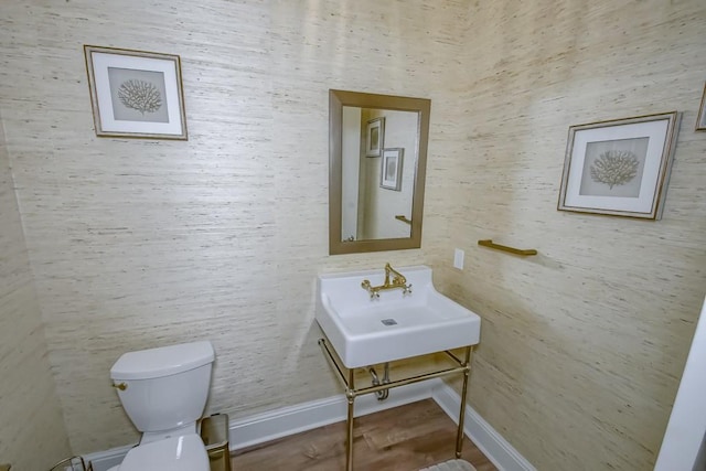 bathroom featuring toilet, sink, and hardwood / wood-style floors