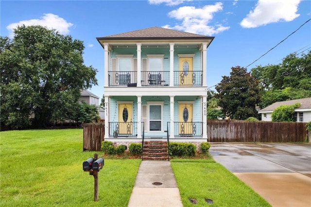 view of front facade featuring a porch, a balcony, and a front lawn