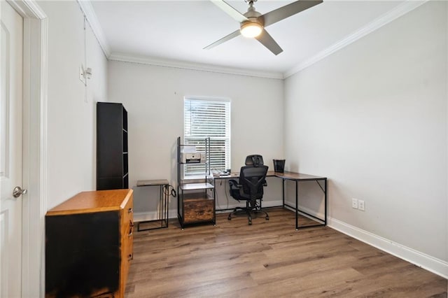 office area with hardwood / wood-style floors, ceiling fan, and ornamental molding