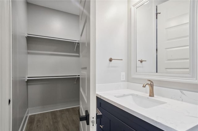 bathroom with hardwood / wood-style flooring and vanity