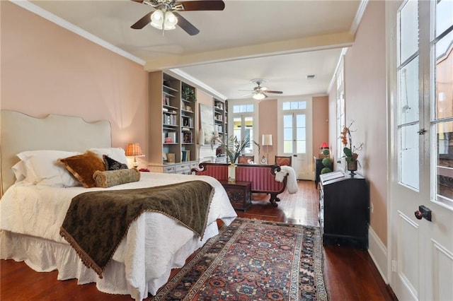 bedroom featuring ceiling fan, dark hardwood / wood-style floors, and ornamental molding